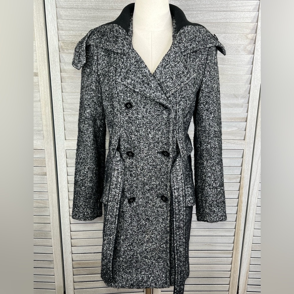 CALVIN KLEIN Tweed Wool Blend Coat w Belt Black & White-Small - Picture 4 of 6